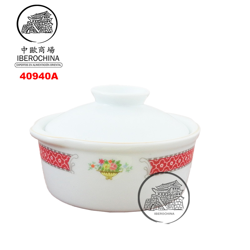 CUENCO CON TAPA Y DOUBLE MANGO 瓷金红花双耳盅 /48