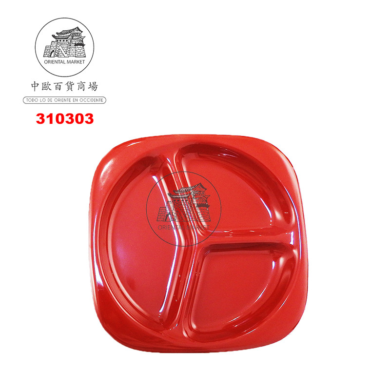 PLATO CUADRADO CON ESPACIO *BB* 塑红黑四方三格盘