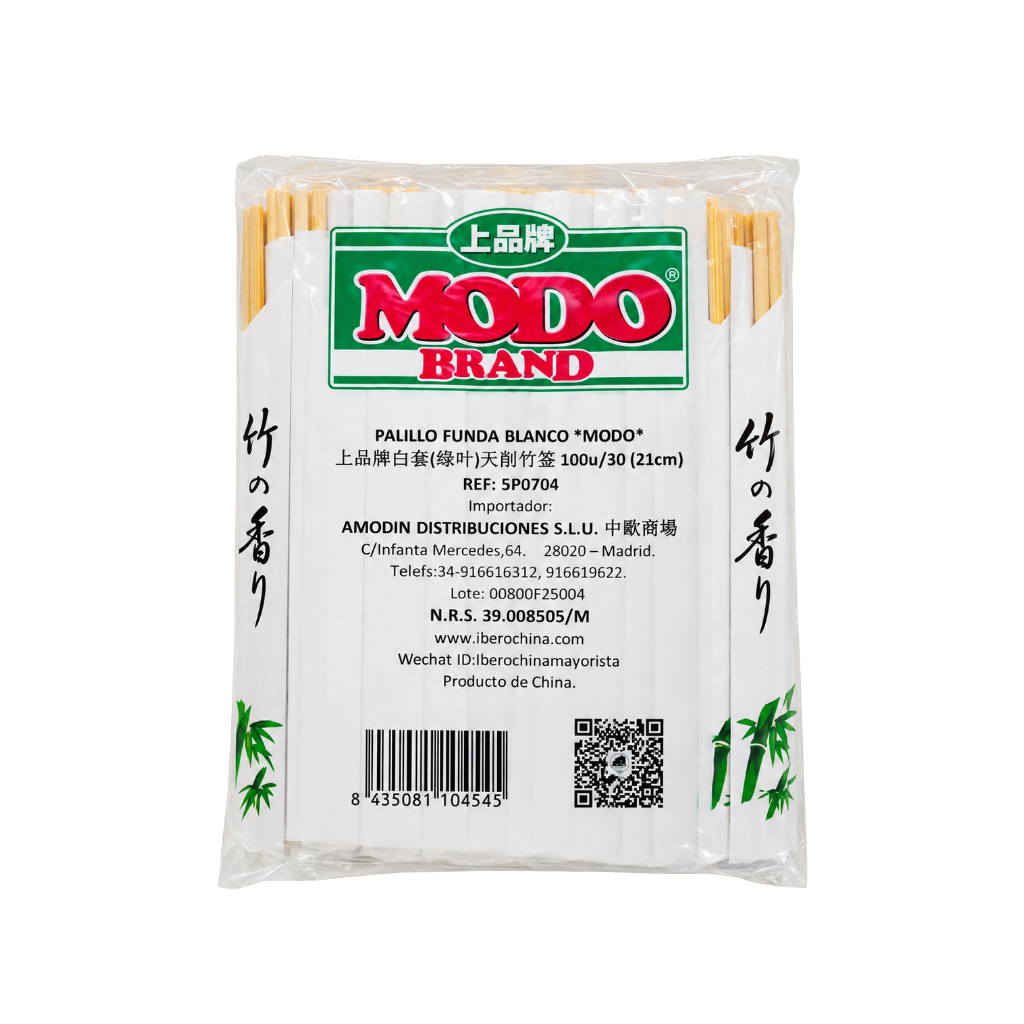 [900189/5P0704] PALILLO FUNDA BLANCA HOJA *MODO* 上品白套绿叶天削竹筷 21cm/100u/30