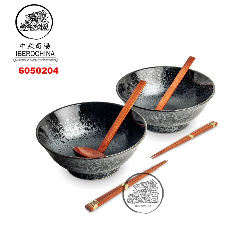RAMEN BOWL SET 黑雪花拉面碗6件套碗筷勺 /6